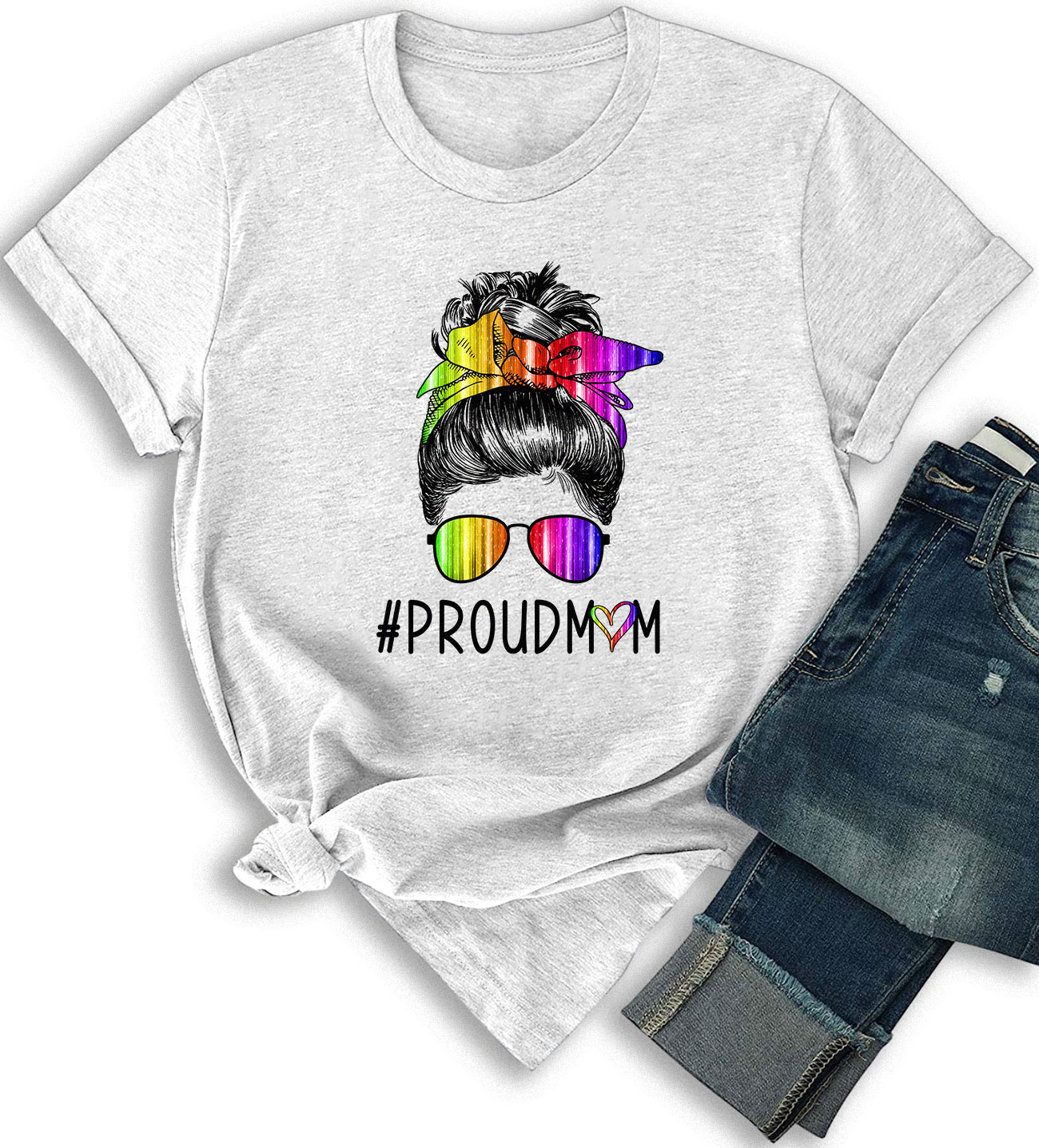 Women S Fashion T Shirt Messy Hair Bun Proud Rainbow Mom Lgbt Support Mother S Day T Shirt