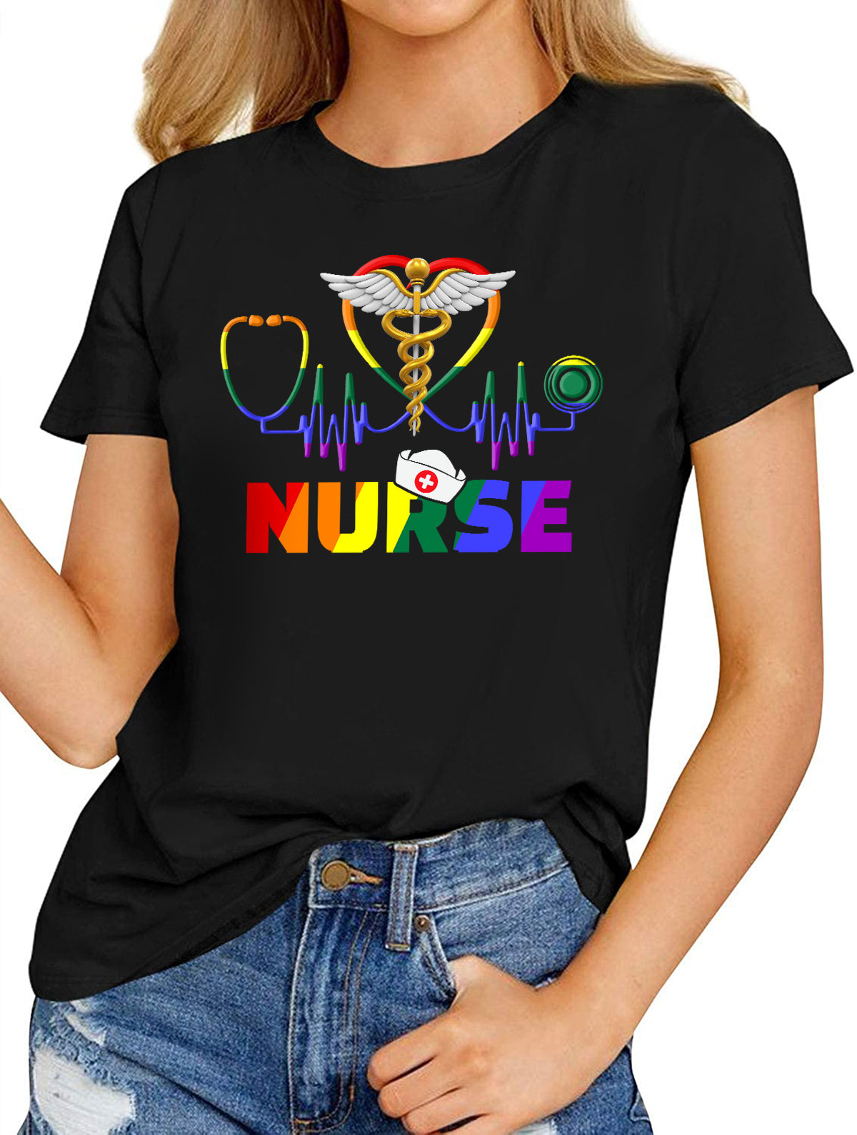 Women’s Fashion T-Shirts – Nurse LGBT-Q Gay Pride Rainbow Flag ...