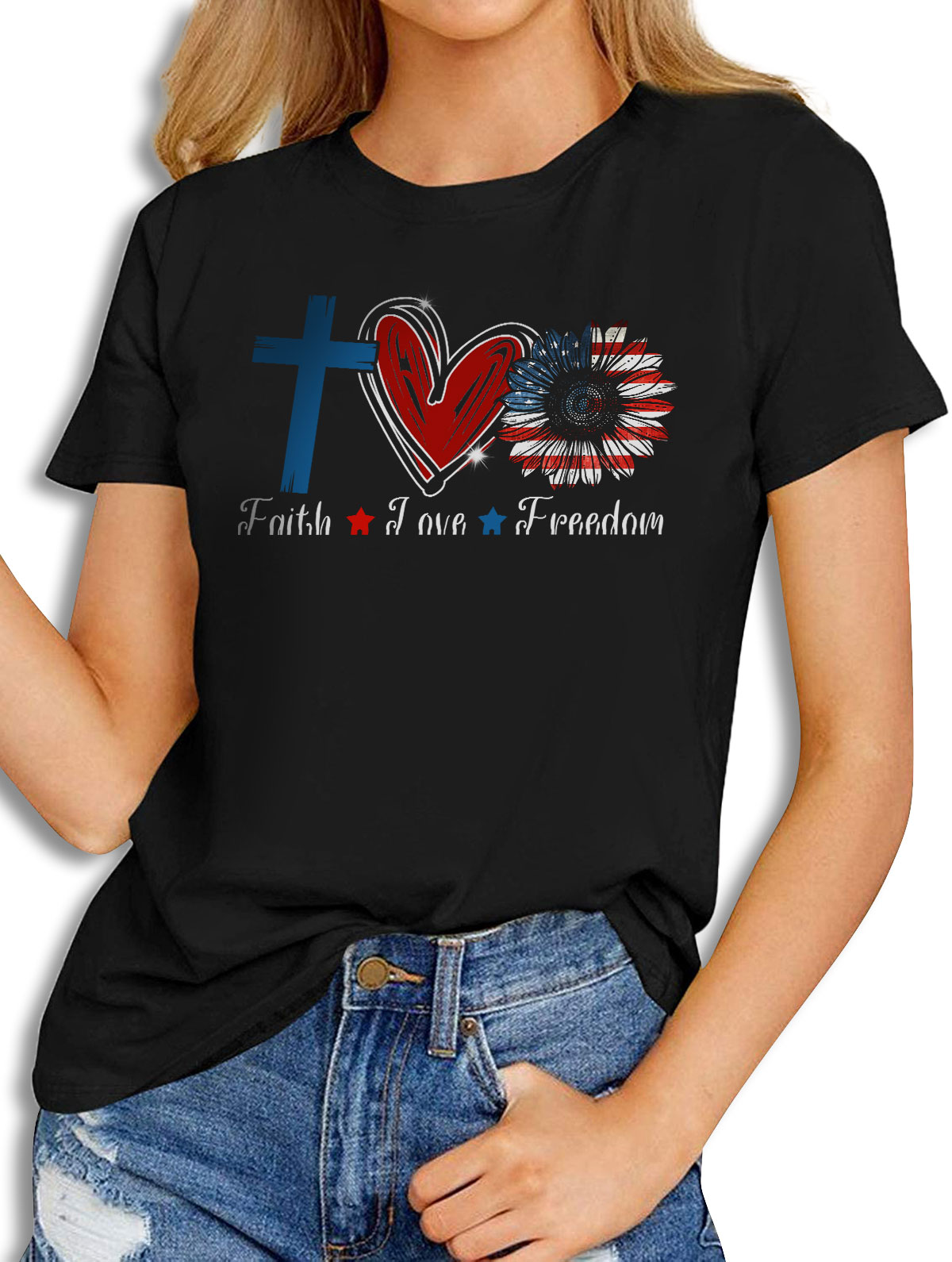 Fashion T-Shirt – Faith Love Freedom American Flag Flower Christian ...