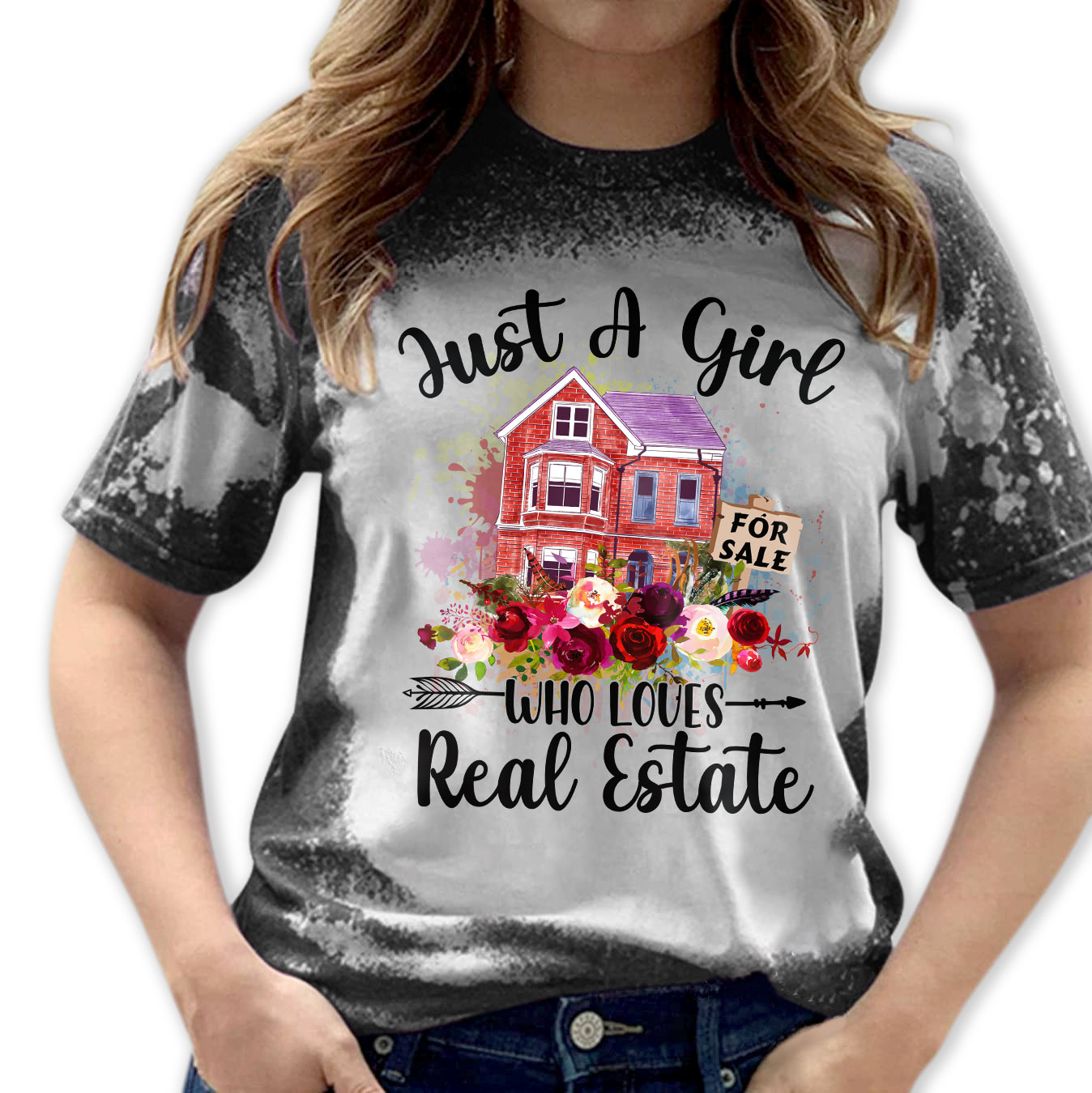 Bleached T-Shirt – A Girl Who Love Real Estate Realtor Real Estate Girl Gift Crew Neck Short Sleeve – HomeWix
